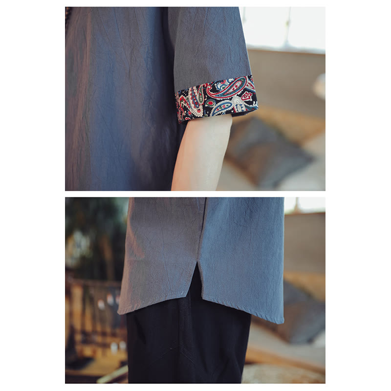 Buddha Stones Rana-Bottone Drago Ricamo Cinese Tang Suit Camicia Manica Corta Lino Abbigliamento Uomo - image 10