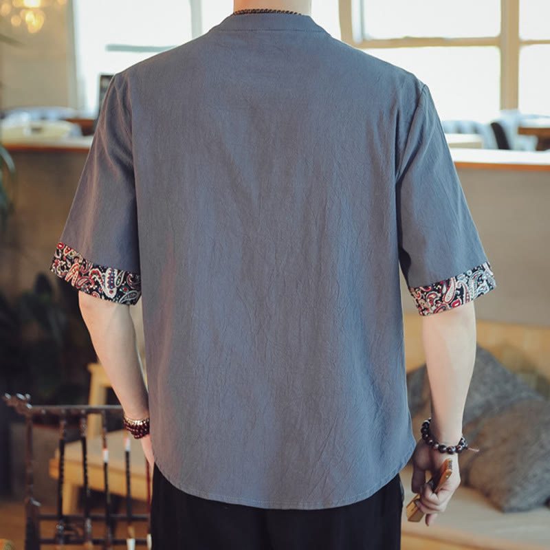 Buddha Stones Rana-Bottone Drago Ricamo Cinese Tang Suit Camicia Manica Corta Lino Abbigliamento Uomo