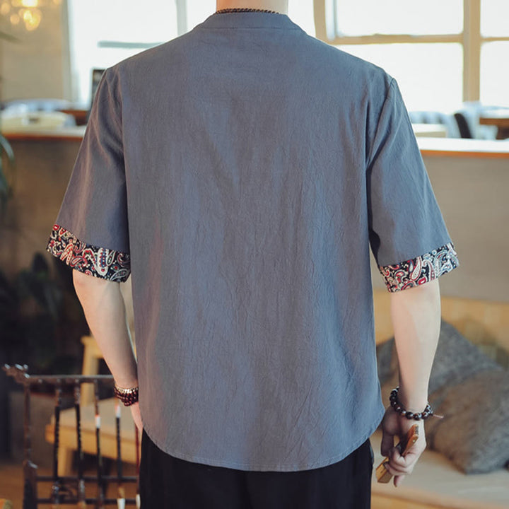 Buddha Stones Rana-Bottone Drago Ricamo Cinese Tang Suit Camicia Manica Corta Lino Abbigliamento Uomo - image 2