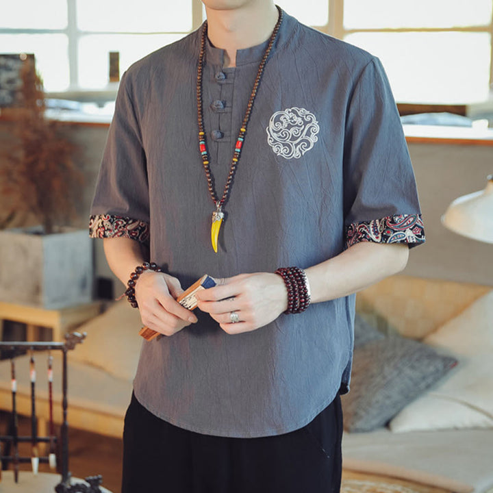Buddha Stones Rana-Bottone Drago Ricamo Cinese Tang Suit Camicia Manica Corta Lino Abbigliamento Uomo