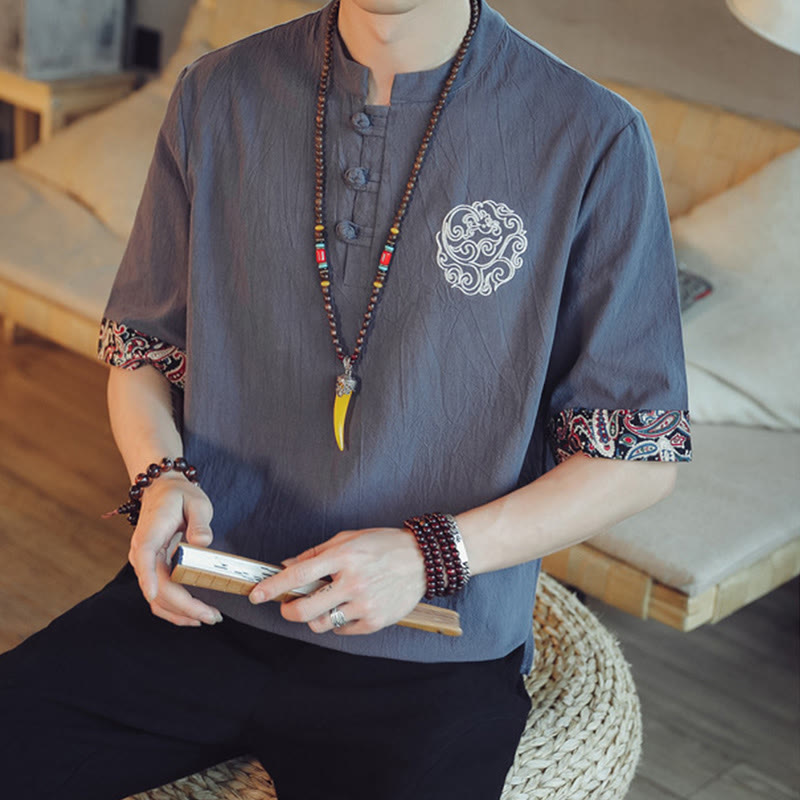 Buddha Stones Rana-Bottone Drago Ricamo Cinese Tang Suit Camicia Manica Corta Lino Abbigliamento Uomo