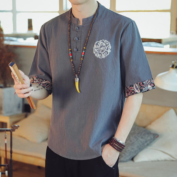 Buddha Stones Rana-Bottone Drago Ricamo Cinese Tang Suit Camicia Manica Corta Lino Abbigliamento Uomo