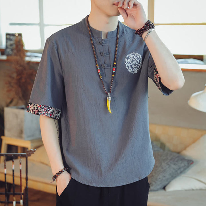 Buddha Stones Rana-Bottone Drago Ricamo Cinese Tang Suit Camicia Manica Corta Lino Abbigliamento Uomo