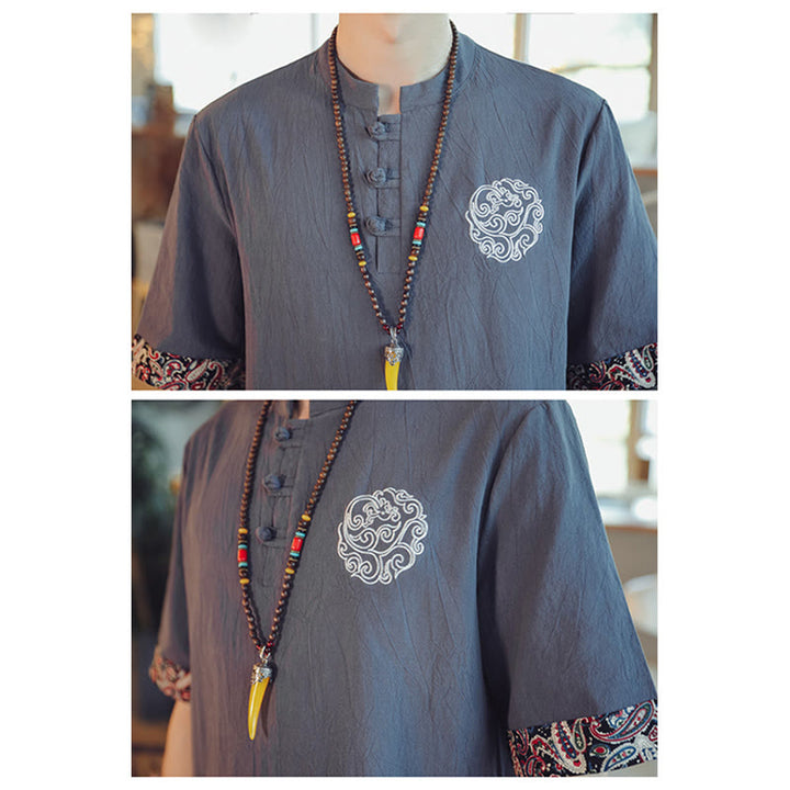 Buddha Stones Rana-Bottone Drago Ricamo Cinese Tang Suit Camicia Manica Corta Lino Abbigliamento Uomo - image 9