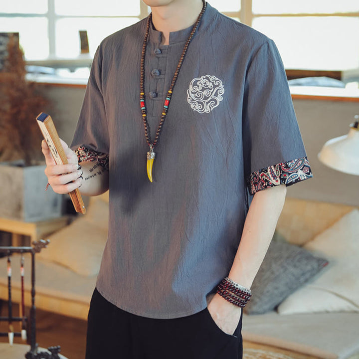 Buddha Stones Rana-Bottone Drago Ricamo Cinese Tang Suit Camicia Manica Corta Lino Abbigliamento Uomo
