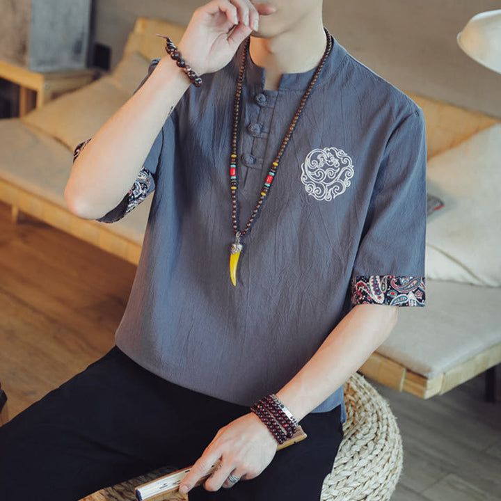 Buddha Stones Rana-Bottone Drago Ricamo Cinese Tang Suit Camicia Manica Corta Lino Abbigliamento Uomo