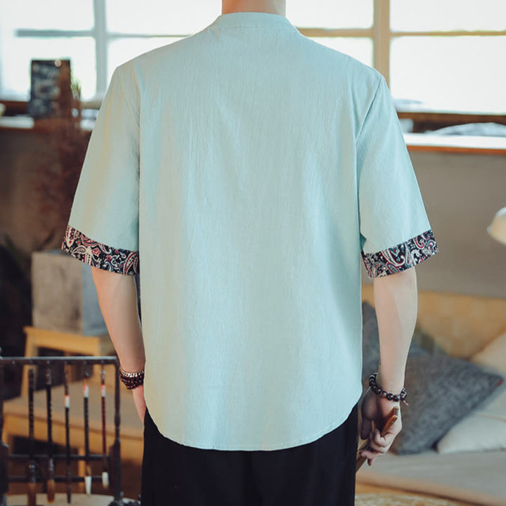 Buddha Stones Rana-Bottone Drago Ricamo Cinese Tang Suit Camicia Manica Corta Lino Abbigliamento Uomo - image 13