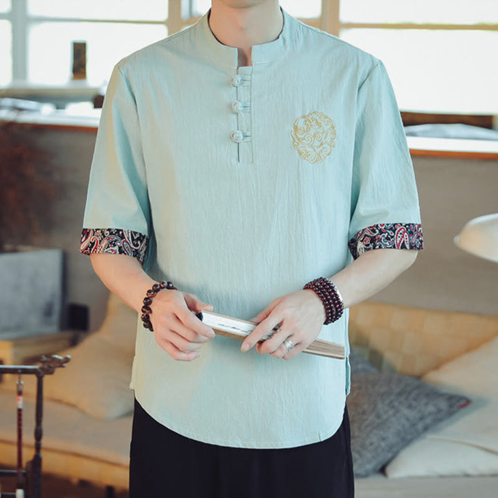 Buddha Stones Rana-Bottone Drago Ricamo Cinese Tang Suit Camicia Manica Corta Lino Abbigliamento Uomo