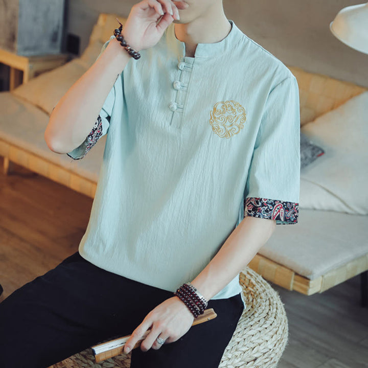 Buddha Stones Rana-Bottone Drago Ricamo Cinese Tang Suit Camicia Manica Corta Lino Abbigliamento Uomo