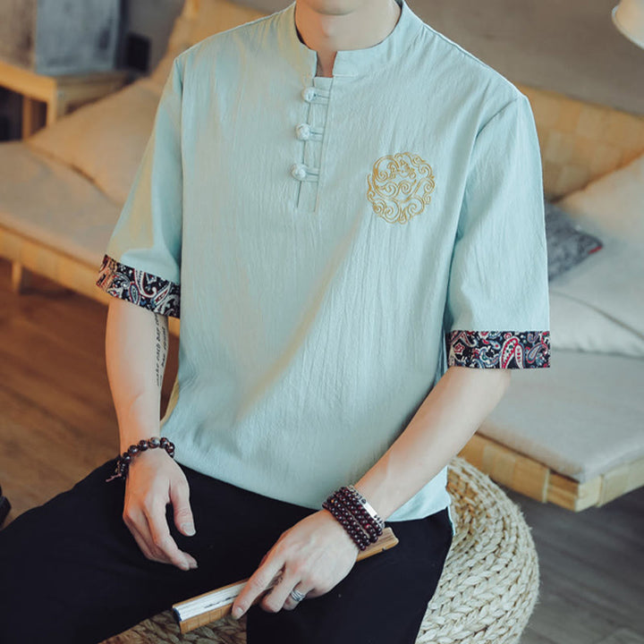 Buddha Stones Rana-Bottone Drago Ricamo Cinese Tang Suit Camicia Manica Corta Lino Abbigliamento Uomo