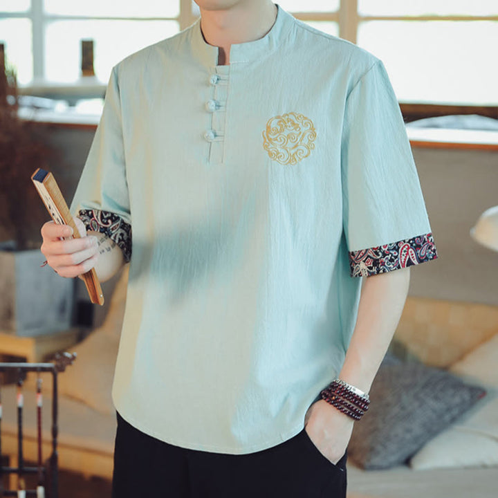 Buddha Stones Rana-Bottone Drago Ricamo Cinese Tang Suit Camicia Manica Corta Lino Abbigliamento Uomo