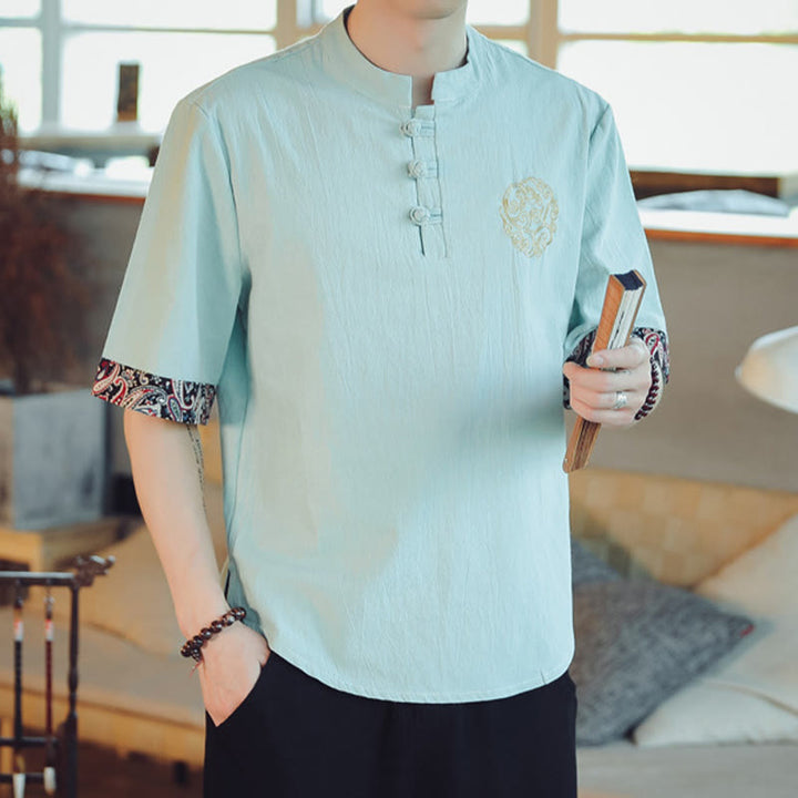 Buddha Stones Rana-Bottone Drago Ricamo Cinese Tang Suit Camicia Manica Corta Lino Abbigliamento Uomo
