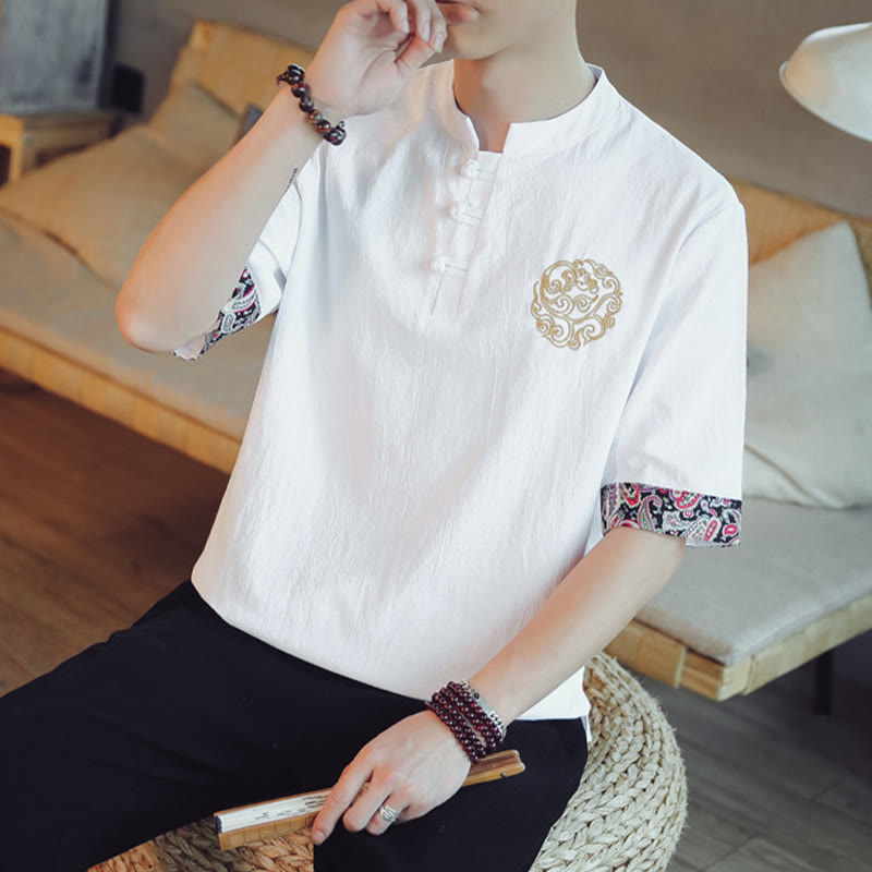 Buddha Stones Rana-Bottone Drago Ricamo Cinese Tang Suit Camicia Manica Corta Lino Abbigliamento Uomo
