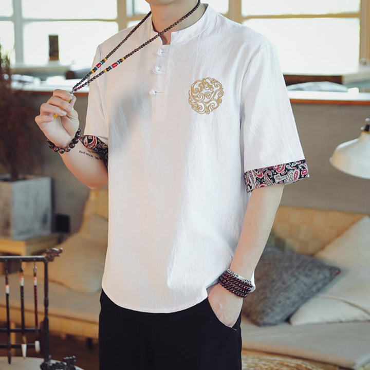 Buddha Stones Rana-Bottone Drago Ricamo Cinese Tang Suit Camicia Manica Corta Lino Abbigliamento Uomo