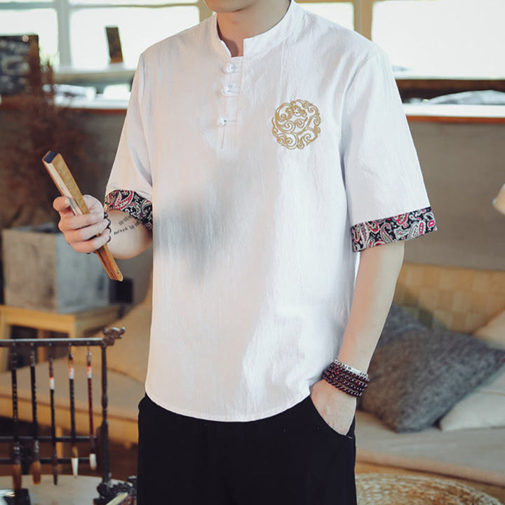 Buddha Stones Rana-Bottone Drago Ricamo Cinese Tang Suit Camicia Manica Corta Lino Abbigliamento Uomo
