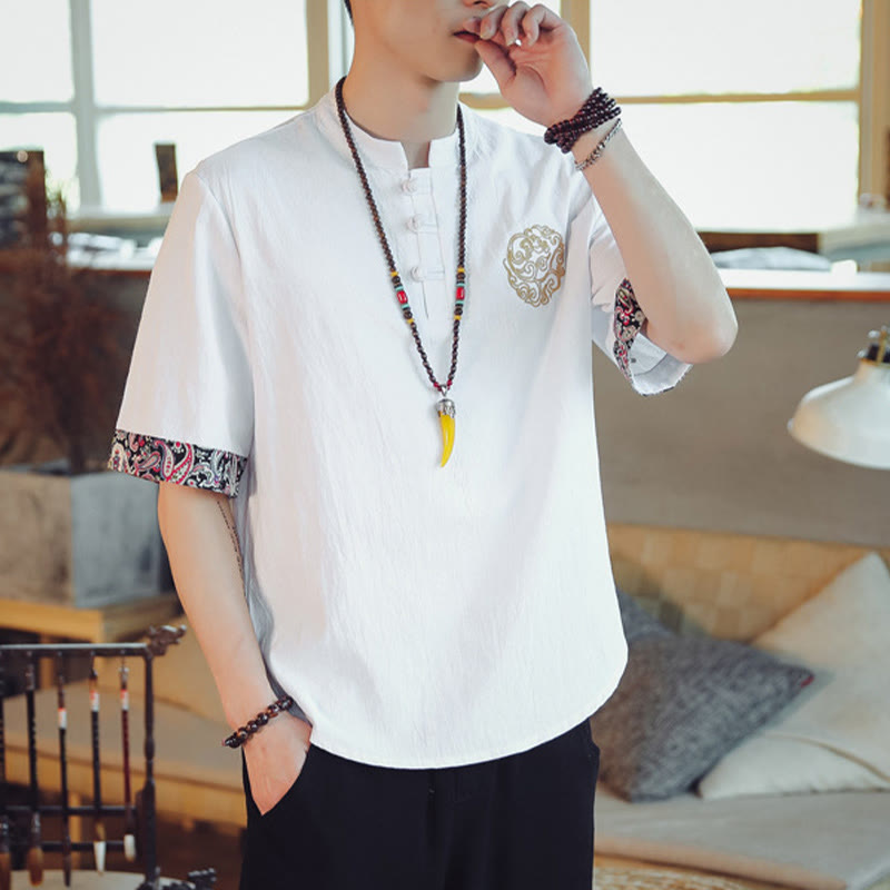 Buddha Stones Rana-Bottone Drago Ricamo Cinese Tang Suit Camicia Manica Corta Lino Abbigliamento Uomo - image 22