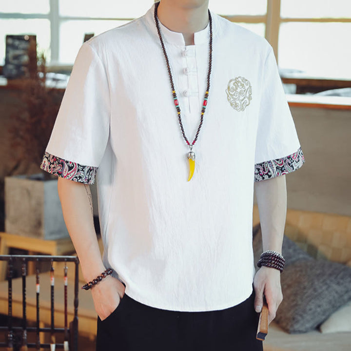 Buddha Stones Rana-Bottone Drago Ricamo Cinese Tang Suit Camicia Manica Corta Lino Abbigliamento Uomo