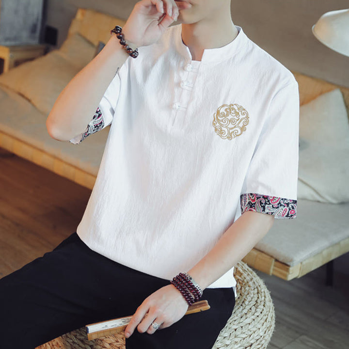 Buddha Stones Rana-Bottone Drago Ricamo Cinese Tang Suit Camicia Manica Corta Lino Abbigliamento Uomo