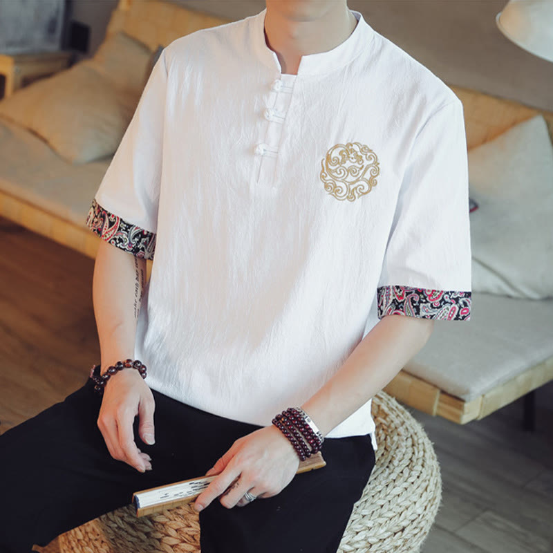 Buddha Stones Rana-Bottone Drago Ricamo Cinese Tang Suit Camicia Manica Corta Lino Abbigliamento Uomo