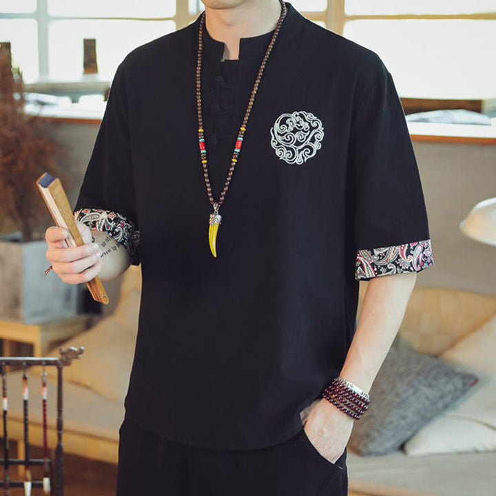 Buddha Stones Rana-Bottone Drago Ricamo Cinese Tang Suit Camicia Manica Corta Lino Abbigliamento Uomo