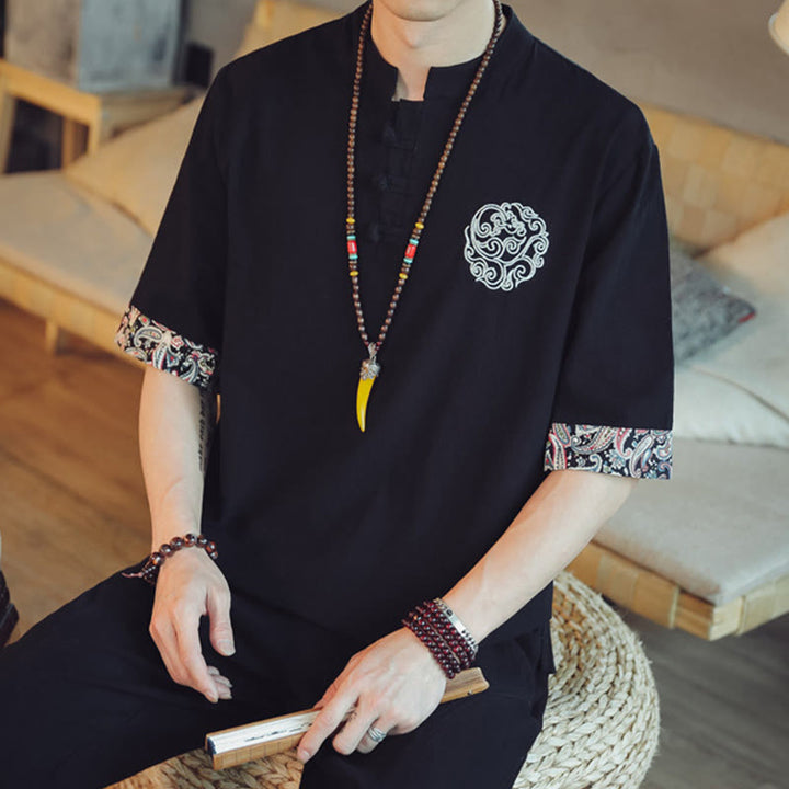Buddha Stones Rana-Bottone Drago Ricamo Cinese Tang Suit Camicia Manica Corta Lino Abbigliamento Uomo