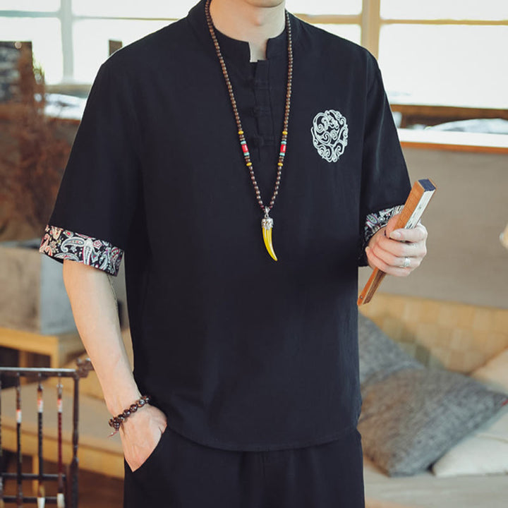 Buddha Stones Rana-Bottone Drago Ricamo Cinese Tang Suit Camicia Manica Corta Lino Abbigliamento Uomo