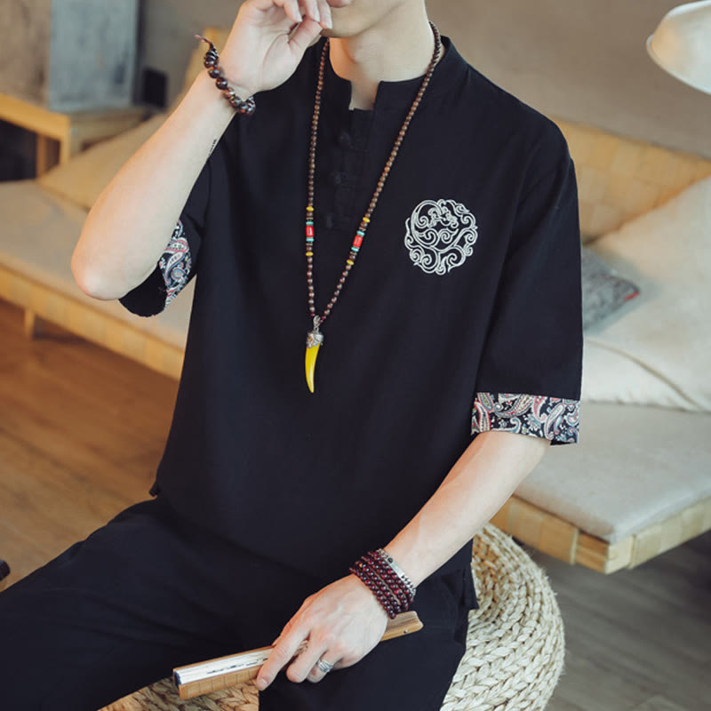 Buddha Stones Rana-Bottone Drago Ricamo Cinese Tang Suit Camicia Manica Corta Lino Abbigliamento Uomo