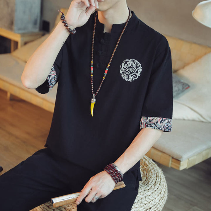 Buddha Stones Rana-Bottone Drago Ricamo Cinese Tang Suit Camicia Manica Corta Lino Abbigliamento Uomo