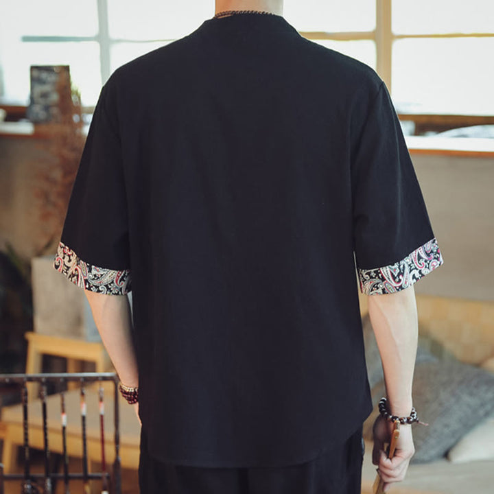 Buddha Stones Rana-Bottone Drago Ricamo Cinese Tang Suit Camicia Manica Corta Lino Abbigliamento Uomo