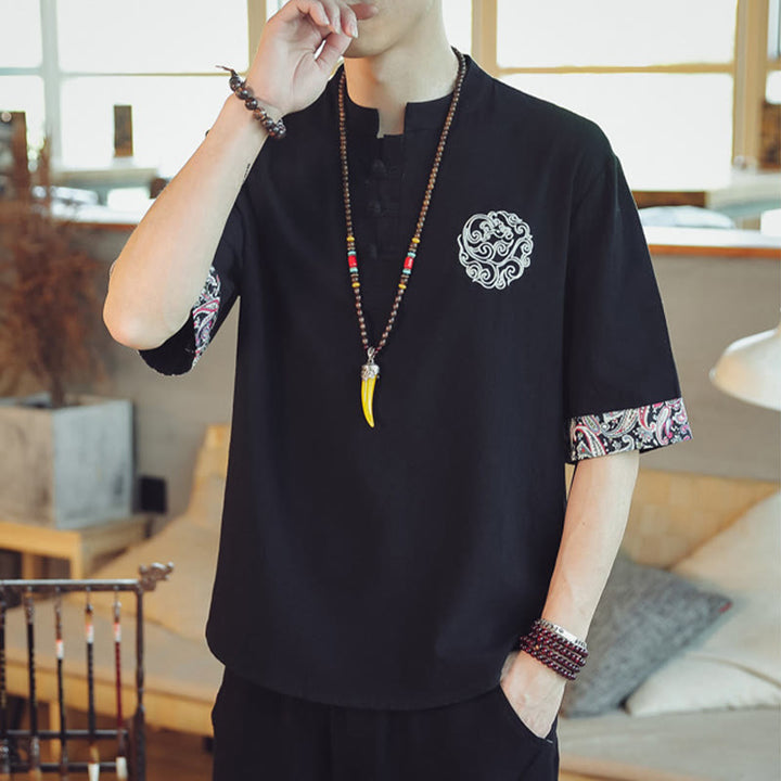 Buddha Stones Rana-Bottone Drago Ricamo Cinese Tang Suit Camicia Manica Corta Lino Abbigliamento Uomo