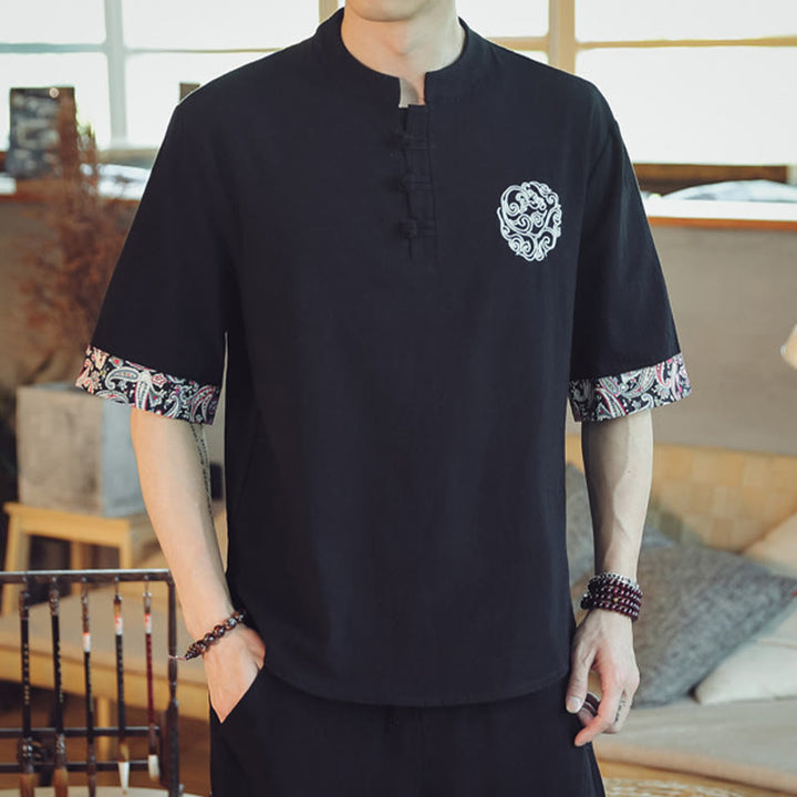 Buddha Stones Rana-Bottone Drago Ricamo Cinese Tang Suit Camicia Manica Corta Lino Abbigliamento Uomo