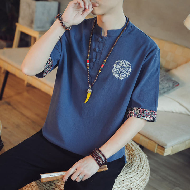 Buddha Stones Rana-Bottone Drago Ricamo Cinese Tang Suit Camicia Manica Corta Lino Abbigliamento Uomo