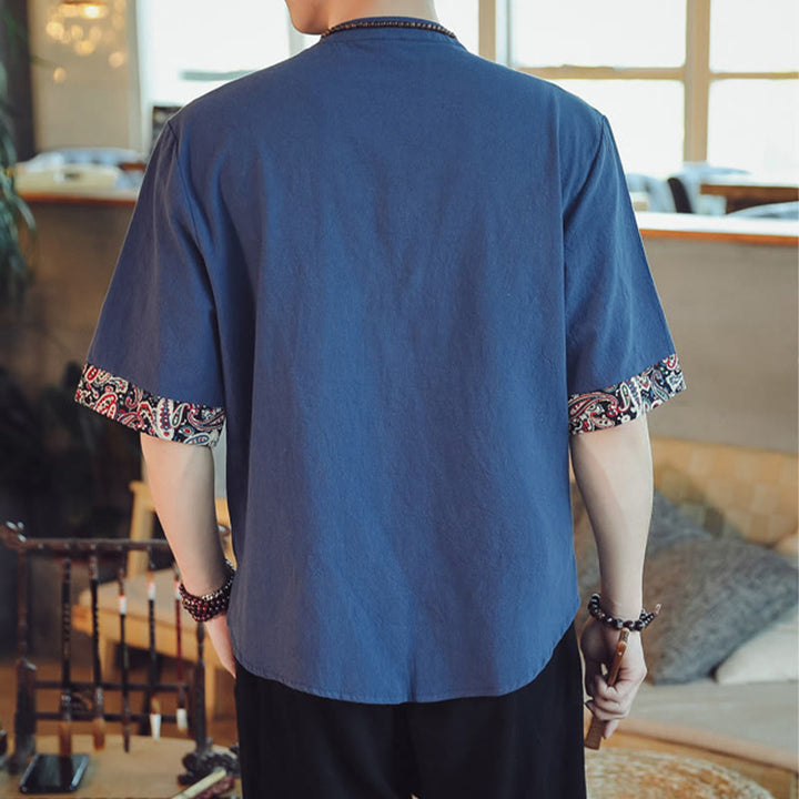 Buddha Stones Rana-Bottone Drago Ricamo Cinese Tang Suit Camicia Manica Corta Lino Abbigliamento Uomo