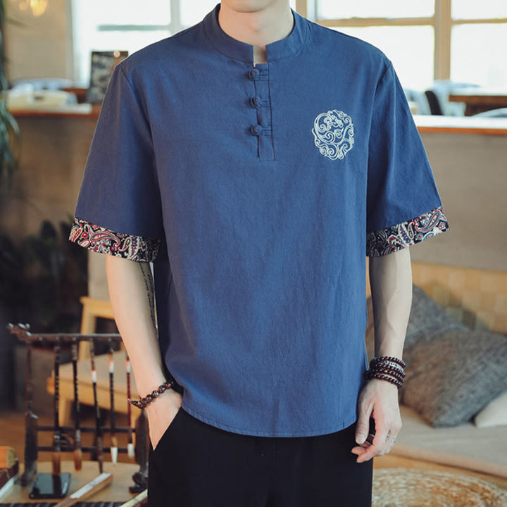 Buddha Stones Rana-Bottone Drago Ricamo Cinese Tang Suit Camicia Manica Corta Lino Abbigliamento Uomo