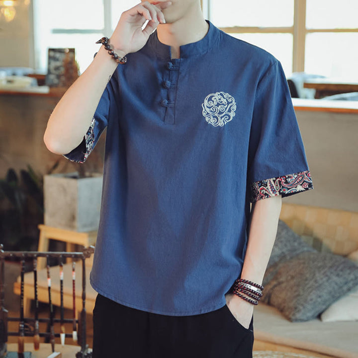 Buddha Stones Rana-Bottone Drago Ricamo Cinese Tang Suit Camicia Manica Corta Lino Abbigliamento Uomo
