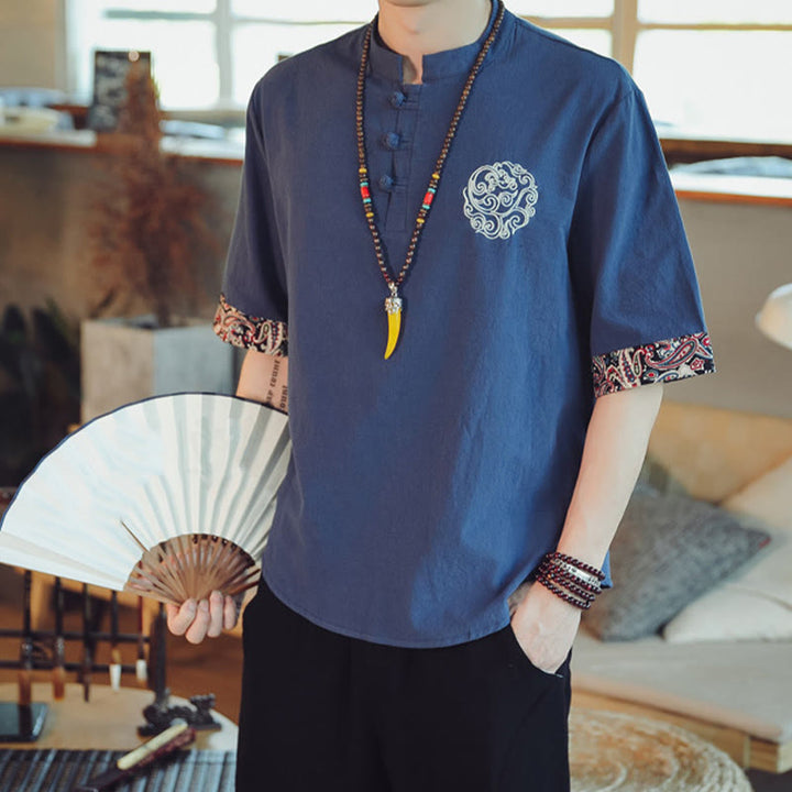 Buddha Stones Rana-Bottone Drago Ricamo Cinese Tang Suit Camicia Manica Corta Lino Abbigliamento Uomo