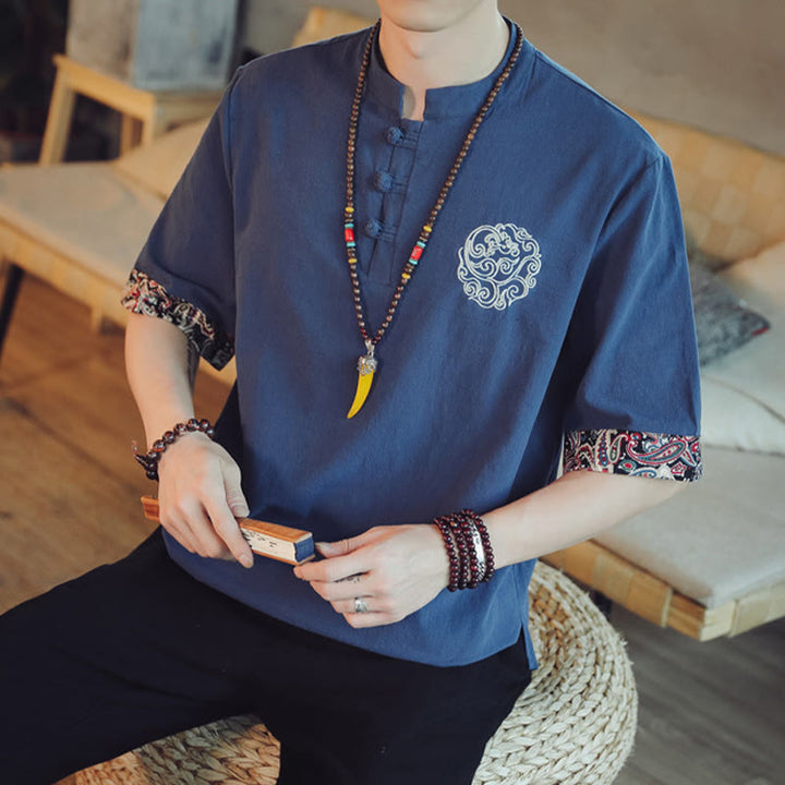 Buddha Stones Rana-Bottone Drago Ricamo Cinese Tang Suit Camicia Manica Corta Lino Abbigliamento Uomo - image 39