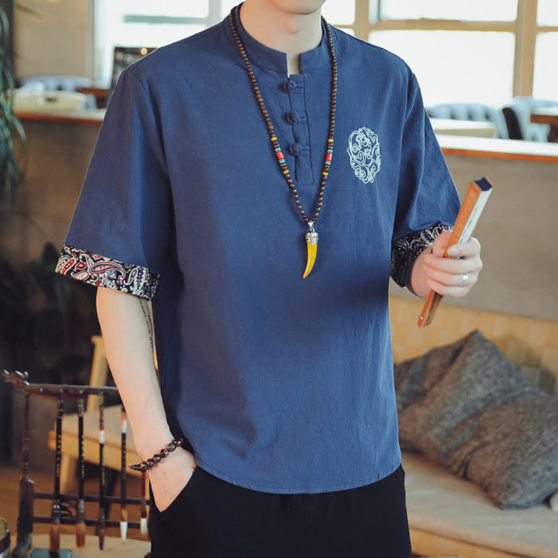 Buddha Stones Rana-Bottone Drago Ricamo Cinese Tang Suit Camicia Manica Corta Lino Abbigliamento Uomo - image 37