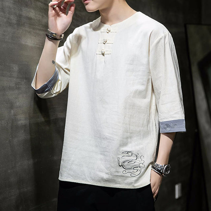 Buddha Stones Rana-Bottone Drago Ricamo Cinese Tang Suit Camicia Manica Tre Quarti Cotone Lino Abbigliamento Uomo