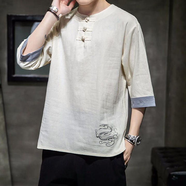 Buddha Stones Rana-Bottone Drago Ricamo Cinese Tang Suit Camicia Manica Tre Quarti Cotone Lino Abbigliamento Uomo