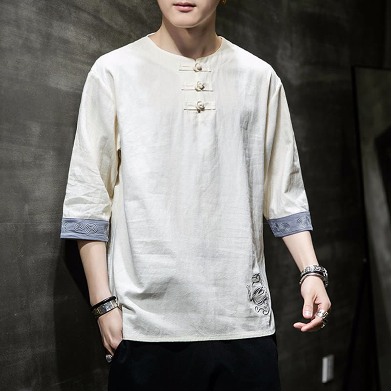 Buddha Stones Rana-Bottone Drago Ricamo Cinese Tang Suit Camicia Manica Tre Quarti Cotone Lino Abbigliamento Uomo