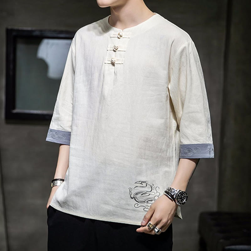 Buddha Stones Rana-Bottone Drago Ricamo Cinese Tang Suit Camicia Manica Tre Quarti Cotone Lino Abbigliamento Uomo