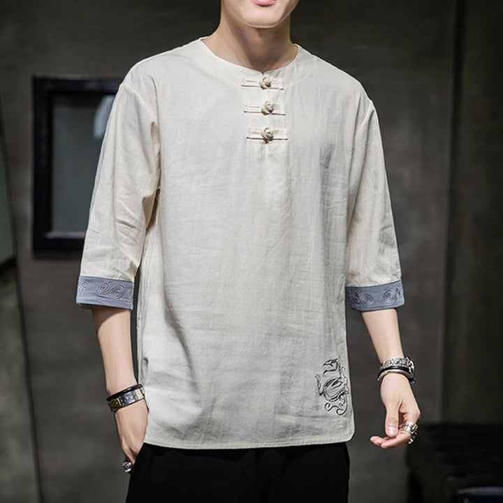 Buddha Stones Rana-Bottone Drago Ricamo Cinese Tang Suit Camicia Manica Tre Quarti Cotone Lino Abbigliamento Uomo