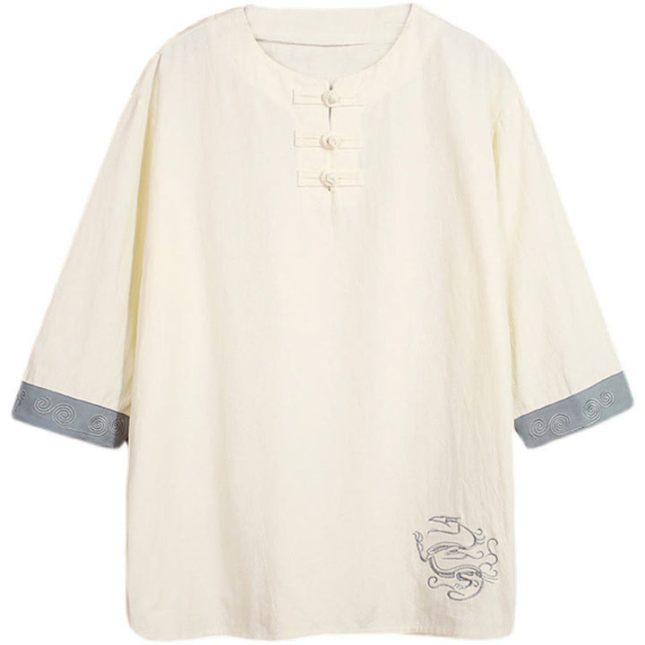 Buddha Stones Rana-Bottone Drago Ricamo Cinese Tang Suit Camicia Manica Tre Quarti Cotone Lino Abbigliamento Uomo