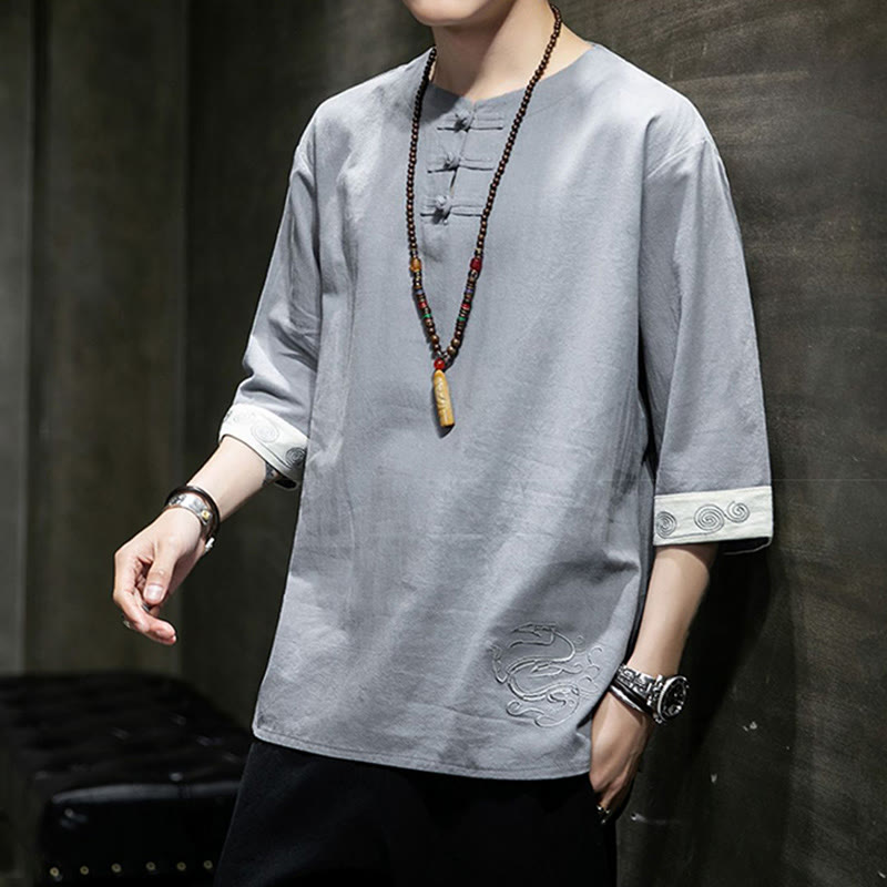 Buddha Stones Rana-Bottone Drago Ricamo Cinese Tang Suit Camicia Manica Tre Quarti Cotone Lino Abbigliamento Uomo