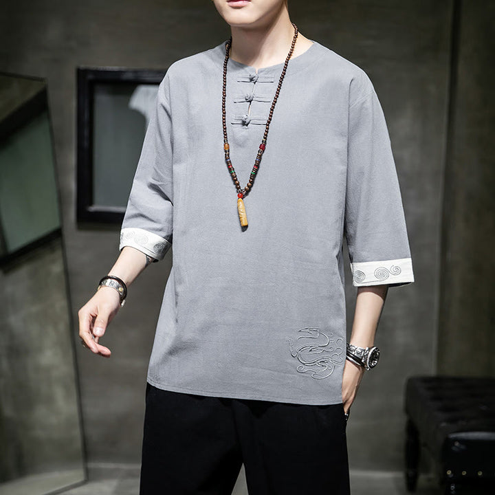 Buddha Stones Rana-Bottone Drago Ricamo Cinese Tang Suit Camicia Manica Tre Quarti Cotone Lino Abbigliamento Uomo - image 19