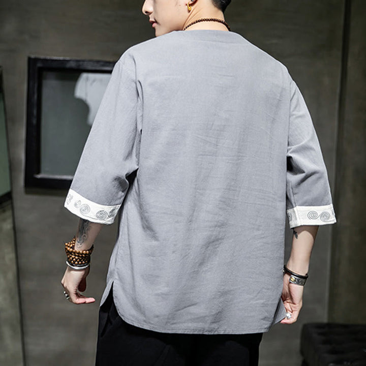 Buddha Stones Rana-Bottone Drago Ricamo Cinese Tang Suit Camicia Manica Tre Quarti Cotone Lino Abbigliamento Uomo