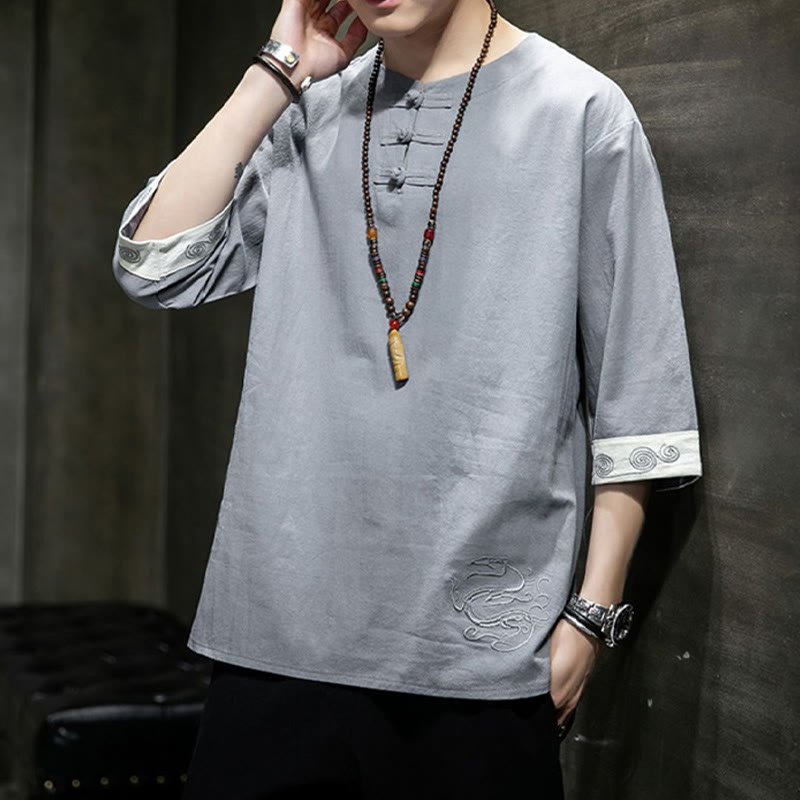 Buddha Stones Rana-Bottone Drago Ricamo Cinese Tang Suit Camicia Manica Tre Quarti Cotone Lino Abbigliamento Uomo - image 19