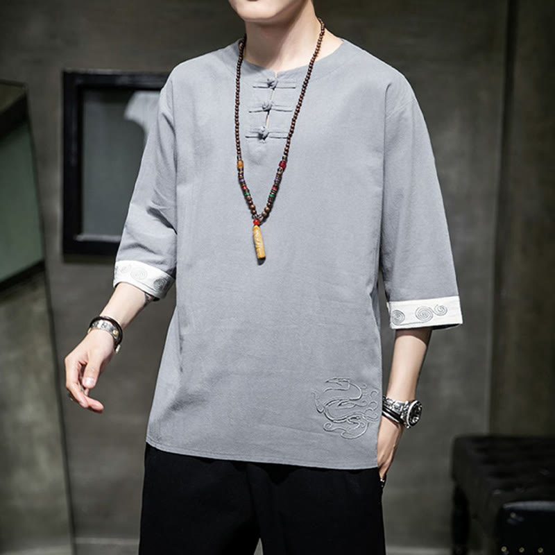 Buddha Stones Rana-Bottone Drago Ricamo Cinese Tang Suit Camicia Manica Tre Quarti Cotone Lino Abbigliamento Uomo - image 21