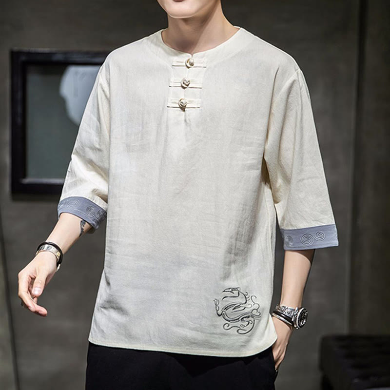 Buddha Stones Rana-Bottone Drago Ricamo Cinese Tang Suit Camicia Manica Tre Quarti Cotone Lino Abbigliamento Uomo